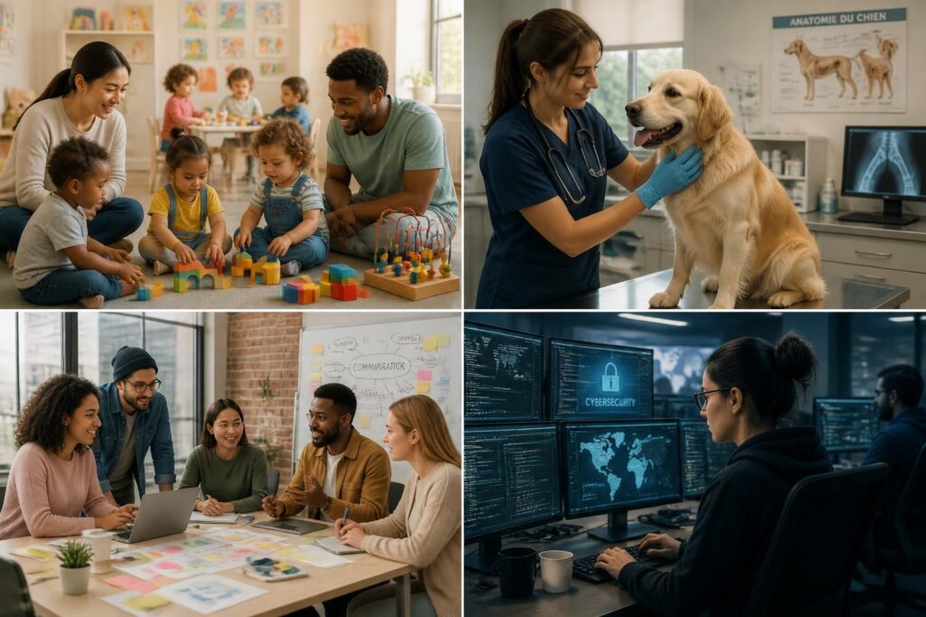 découvrez une variété de métiers en c couvrant la crèche, la protection des animaux, la communication et la cybersécurité, adaptés à tous les profils et niveaux d'expérience.